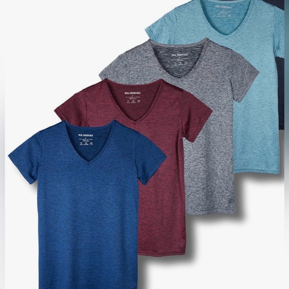 4 Pk Real Essentials Women's Short Sleeve V-Neck Activewear T-Shirt Dry-Fit NWOT